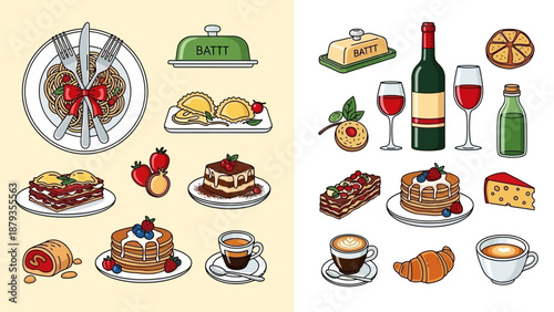 A vibrant collection of delicious food and drink illustrations, showcasing a variety of meals and beverages.