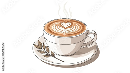 A beautifully crafted latte with intricate latte art in the shape of a heart, served in a white ceramic cup and saucer with a sprig of dried leaves.