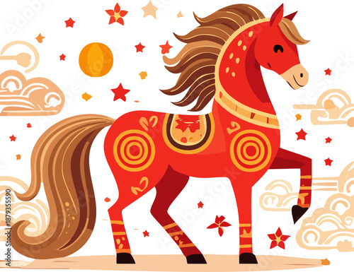Vibrant Red Horse with Golden Patterns Prancing under Starry Night Sky
