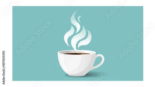 A steaming cup of hot coffee on a teal background, perfect for a morning beverage.