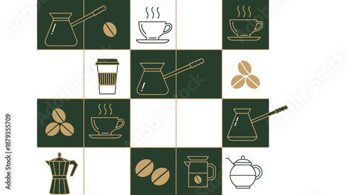 A grid of coffee-related icons including coffee pots, cups, and beans, arranged in a visually appealing pattern.