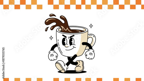 A cartoon coffee cup with a face and arms is splashing coffee while walking with a determined expression.