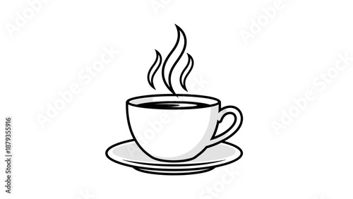 A steaming cup of coffee sits on a saucer, with wisps of steam rising from the dark liquid.