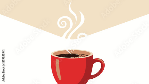A steaming cup of hot coffee in a red mug, with wisps of steam rising into the air.