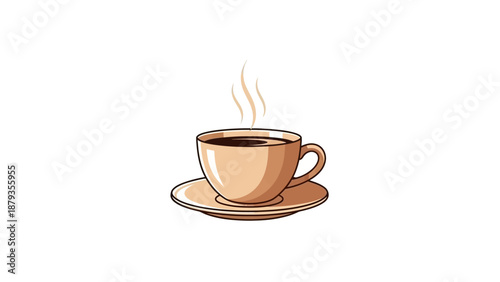 A steaming cup of hot coffee sits on a saucer, with wisps of steam rising from the dark liquid.