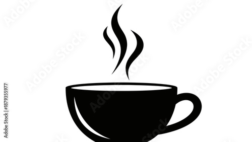A black silhouette of a steaming cup of coffee or tea on a white background.