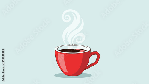 A steaming cup of hot coffee in a red mug on a light blue background.