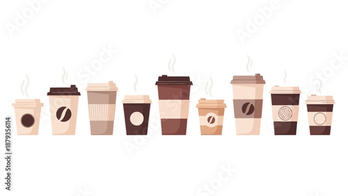 A collection of various disposable coffee cups with lids and steam rising, displayed in a horizontal line against a white background.