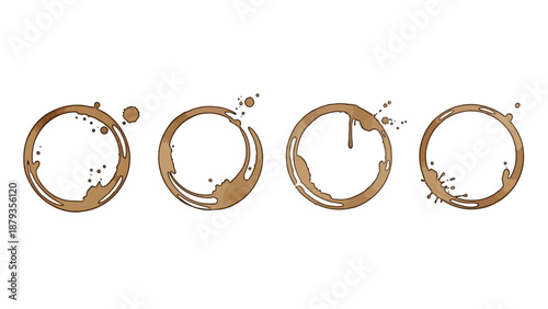 Four distinct brown coffee cup rings with splashes and drips on a white background.