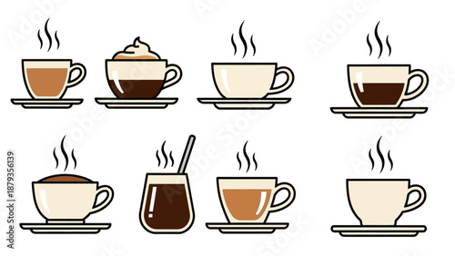 A collection of eight different steaming cups of coffee, each presented on a saucer, showcasing various coffee preparations.