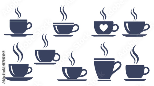 A collection of nine dark blue coffee cups with steam rising from them, displayed on saucers.