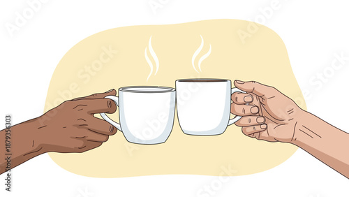 Two hands holding steaming coffee mugs in a toast against a soft yellow background.
