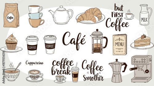 A delightful collection of hand-drawn illustrations featuring various coffee-related items and treats, perfect for cafe or beverage themes.
