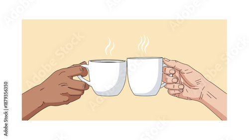 Two hands holding steaming white mugs of hot beverage, toasting against a plain background.