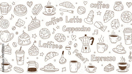 A delightful doodle art collection featuring various coffee drinks, pastries, cakes, and other sweet treats, perfect for cafe or bakery themes.