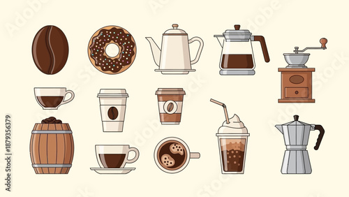 A collection of various coffee-related items, including a coffee bean, donut, teapots, coffee cups, a coffee grinder, and a barrel.