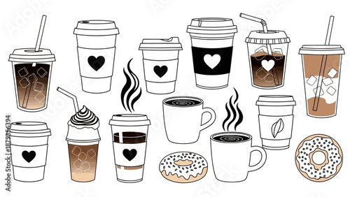 A collection of various coffee drinks and donuts, presented in a stylized, hand-drawn illustration with a black and white color scheme and touches of brown.