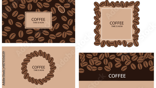 A collection of four graphic designs featuring coffee beans and the word "Coffee" for branding or decorative purposes.