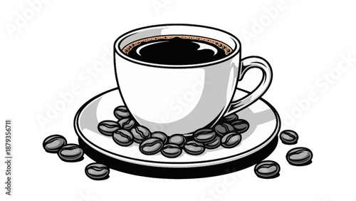 A white ceramic cup filled with dark, rich coffee sits on a saucer surrounded by roasted coffee beans.