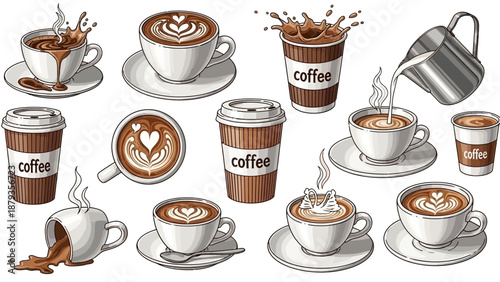 A collection of various coffee drinks, including lattes, cappuccinos, and take-away cups, with artistic foam designs and splashes.