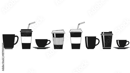 A collection of black coffee cups and to-go beverage containers with straws and lids, arranged in a line.