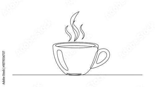 A simple, continuous line drawing of a steaming cup of coffee on a white background.