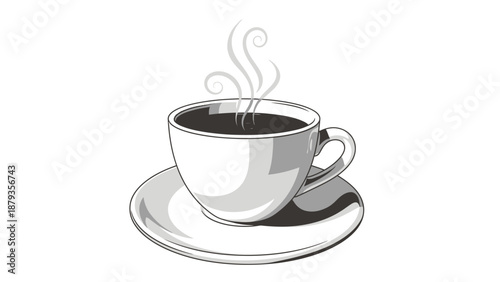 A steaming cup of hot coffee sits on a saucer, with wisps of steam rising from the dark liquid.
