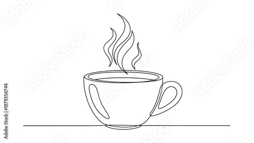 A minimalist line drawing of a steaming cup of coffee on a white background.