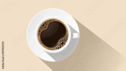 A top-down view of a steaming cup of black coffee with a frothy surface, casting a long shadow.