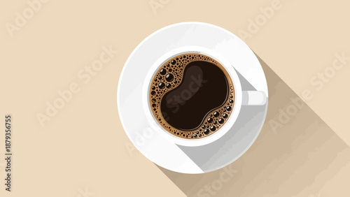 A top-down view of a steaming cup of black coffee with a frothy surface, casting a long shadow on a plain beige background.