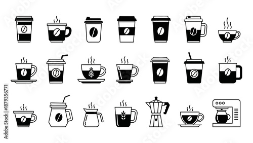 A collection of various coffee cups and coffee-making equipment, presented in a clean, minimalist line art style.