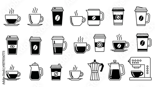 A collection of various coffee-related icons, including cups, mugs, to-go containers, and coffee makers.