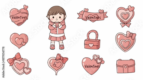 Cute Valentines Day elements with a girl and hearts.