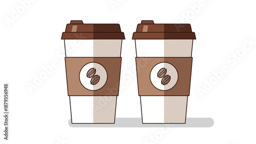 Two identical disposable coffee cups with brown lids and sleeves, featuring coffee bean icons, presented side-by-side on a white background.