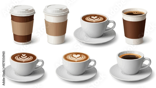 A collection of various coffee drinks, including take-away cups and ceramic mugs with latte art, presented on a white background.