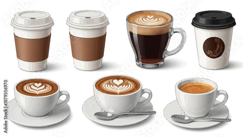 A collection of various coffee drinks, including lattes, cappuccinos, and espressos, served in cups and mugs.