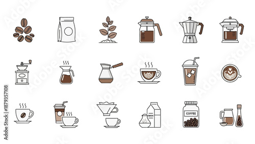 A collection of flat design icons representing various coffee-related items and brewing methods.