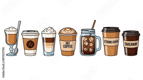 A collection of various coffee drinks in different cups and glasses, including iced coffee and hot beverages.