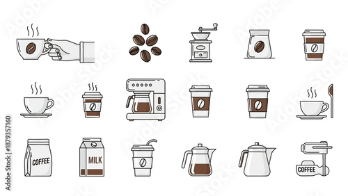 A collection of line art icons representing various coffee-related items and beverages, including cups, beans, grinders, and brewing machines.