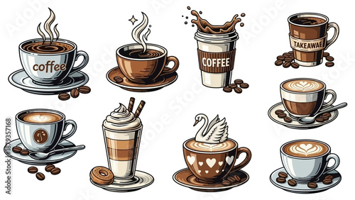 A vibrant collection of eight distinct coffee beverages, showcasing various preparations and artistic latte art.