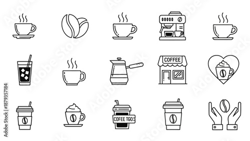 A collection of line art icons representing various coffee-related items and concepts, including cups, beans, and a coffee shop.