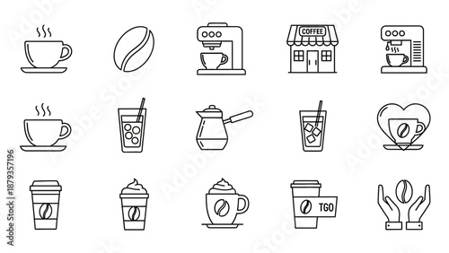 A collection of line art icons representing various coffee-related items and concepts, including cups, beans, and coffee makers.
