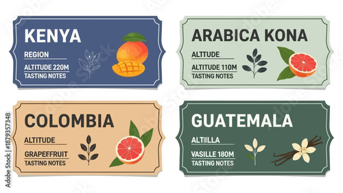 Four coffee origin labels: Kenya, Arabica Kona, Colombia, and Guatemala, featuring illustrations of fruits and tasting notes.