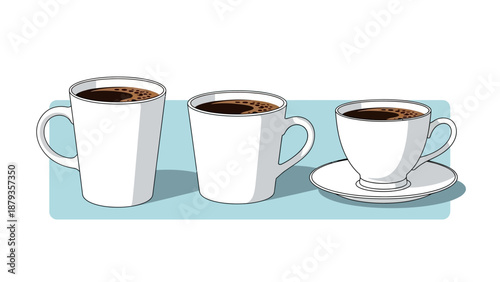 Three white ceramic cups filled with dark coffee, displayed on a light blue surface.