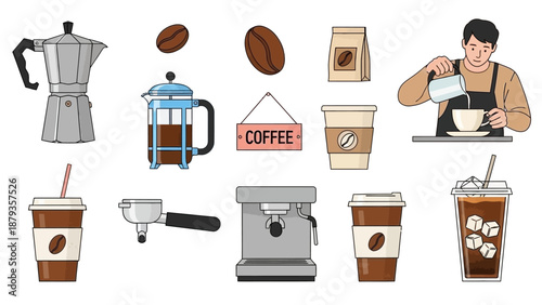 A collection of various coffee-making equipment and beverages, including a Moka pot, French press, espresso machine, and coffee cups.