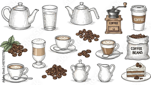 A collection of hand-drawn illustrations depicting various coffee-related items and beverages, including teapots, coffee beans, cups, and a cake.