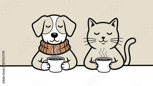 A cute dog wearing a scarf and a cat enjoying hot beverages together.