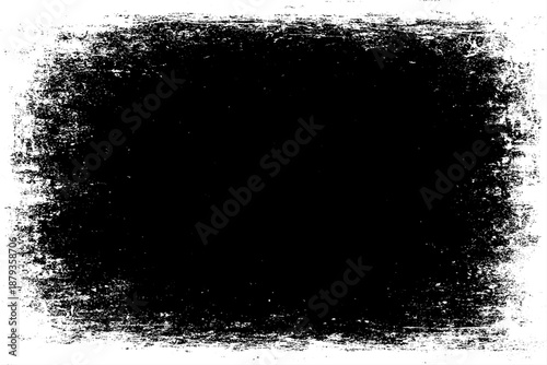 grunge texture frame with rough, distressed black edges surrounding a large blank white center. The border appears worn, splattered, and scratched, resembling ink smudges, paint erosion, and vintage.