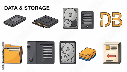 Digital Data Storage Devices and Information Icons.