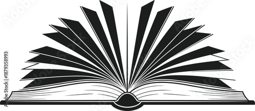 Black line art illustration of an open book with fan pages for education, literature, knowledge, learning, library, and reading design.